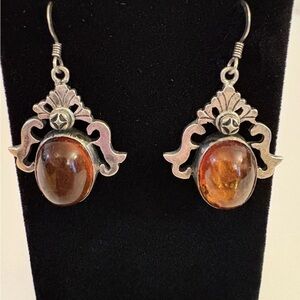 Vintage Sterling Silver And Amber Dangle Earrings Pierced Ears 925